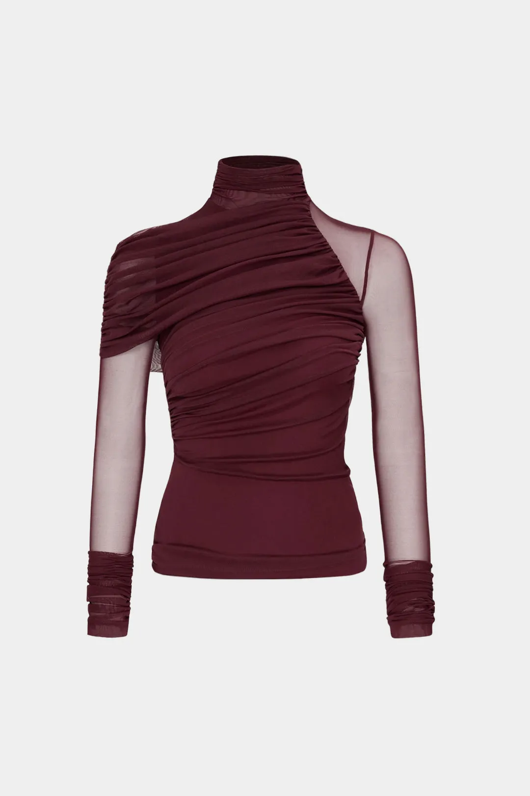 Mesh Mock Neck Ruched Asymmetrical Long-Sleeve Top sold by Micas