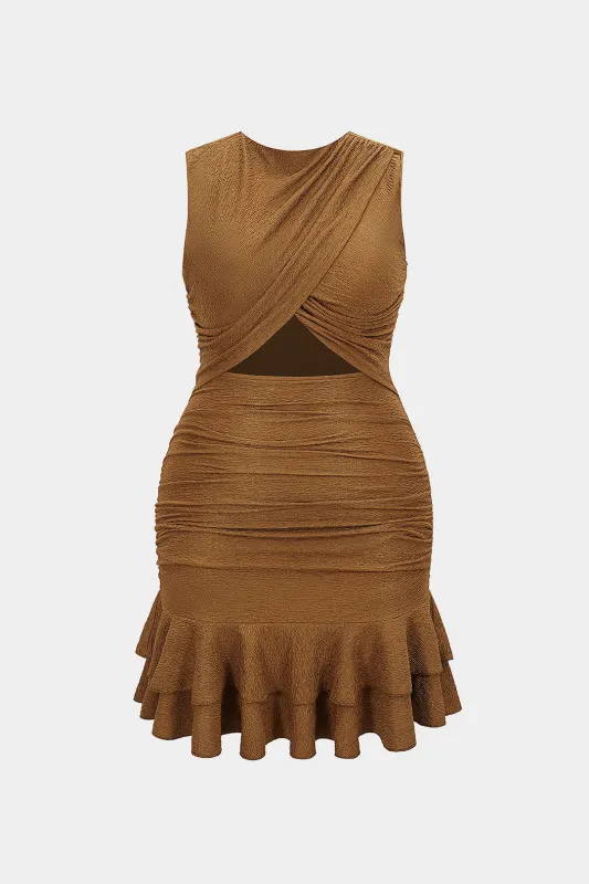 Plus Size Round Neck Cut Out Ruched Sleeveless Mini Dress sold by Micas