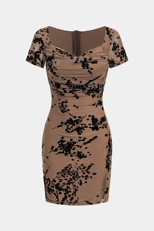 Flock Print Ruched Slit Zipper Short Sleeve Mini Dress sold by Micas