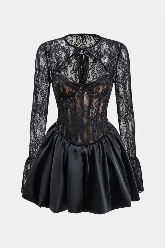 Satin Lace Tie Up puff Hem  Long Sleeve Mini Dress sold by Micas