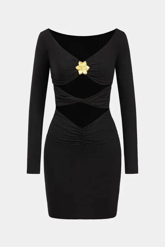 Metallic Flower Twist Knot Cut Out Long Sleeve Mini Dress sold by Micas
