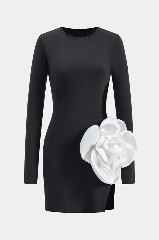 3D Floral Decor Round Neck Cut Out Long Sleeve Mini Dress sold by Micas