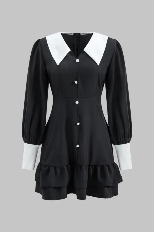 Contrast V-Neck Ruffle Hem Lantern Sleeve Mini Dress sold by Micas