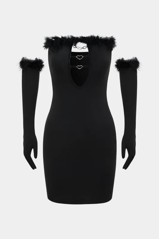 Feather Decor Cut Out Mini Dress With Gloves sold by Micas