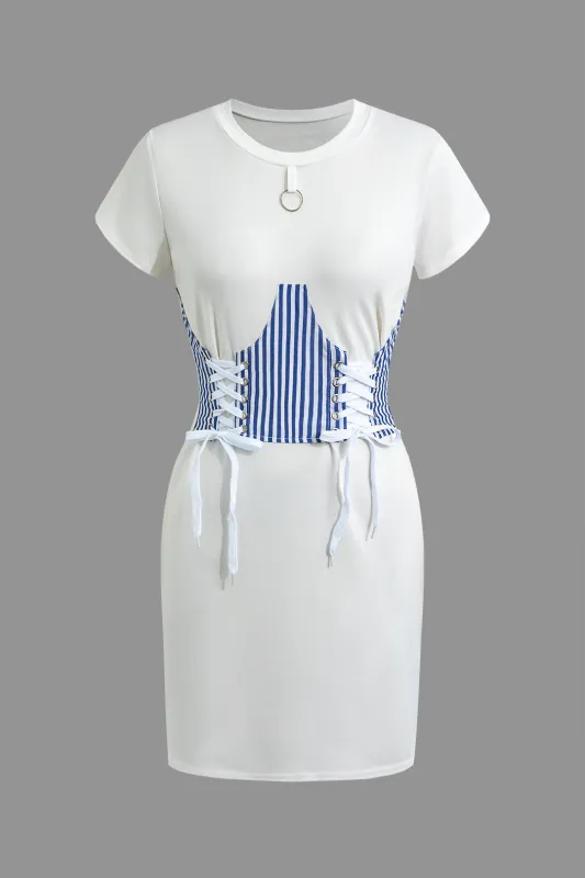 Patchwork Tie-Up Short Sleeve Mini Dress sold by Micas