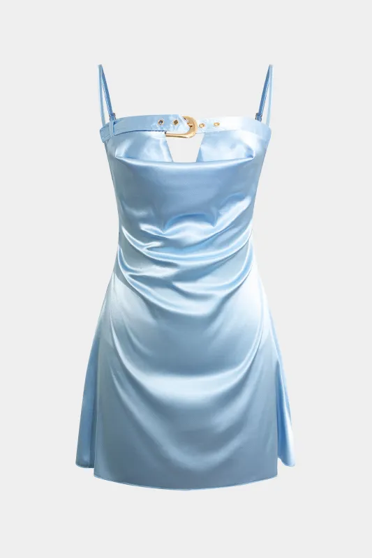Satin Ruched Gold Buckle Decor Sleeveless Mini Dress sold by Micas