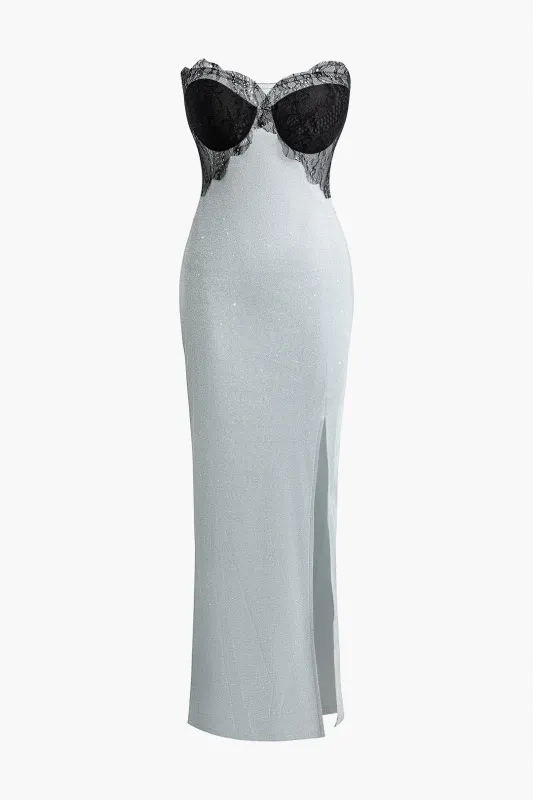 Lace Patchwork Sequins Slit Sleeveless Maxi Dress made by Micas