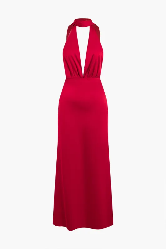 Halter Neck Tie Up Backless Ruched Sleeveless Maxi Dress sold by Micas