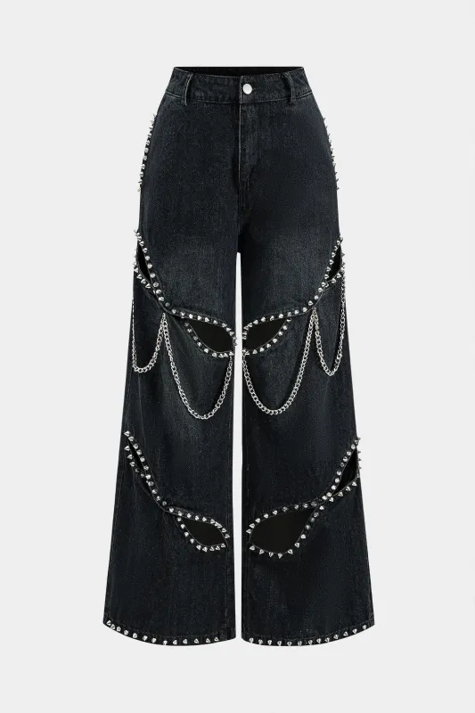 Denim Cut Out Chain Decor High Waist Wide Leg Pants sold by Micas