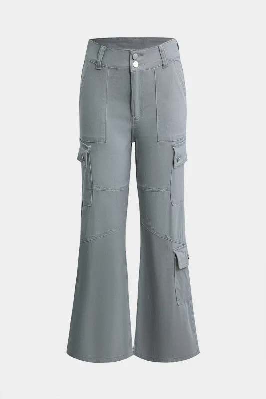 Denim Multi-Pocket High-Waist Flared Pants sold by Micas