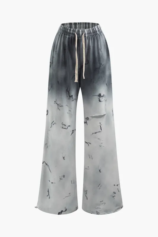 Abstract Ombre Print Drawstring Ripped Pants sold by Micas