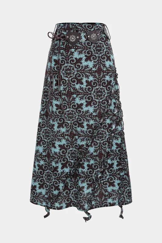 Floral Print Belted Bow Ruffle Decor Midi Skirt sold by Micas