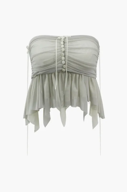 Mesh Button Bow Decor Ruched Asymmetrical Ruffle Skirt sold by Micas