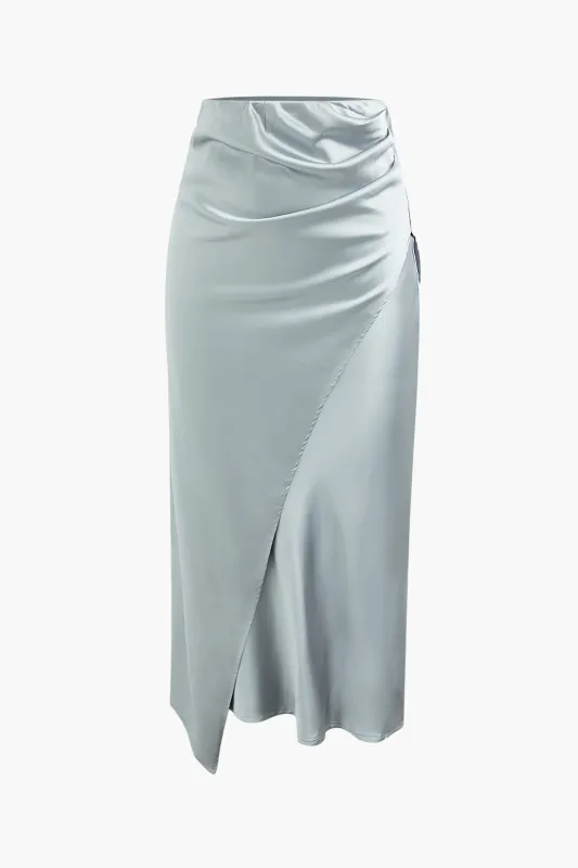 Satin Asymmetrical Split Ruched Skirt sold by Micas