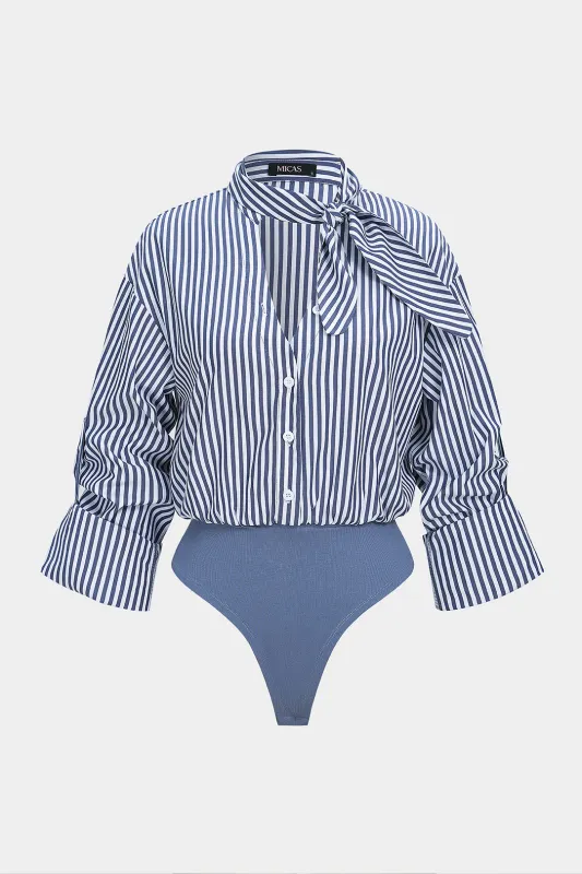 Stripes Print Button Patchwork Knotted Long Sleeve Bodysuit sold by Micas