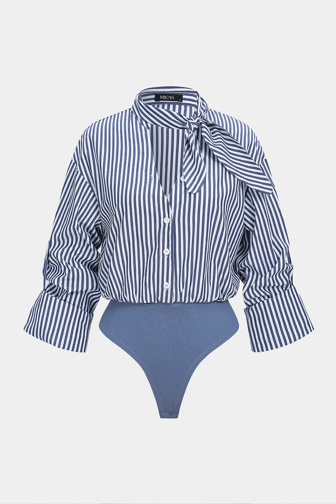 Stripes Print Button Patchwork Knotted Long Sleeve Bodysuit sold by Micas