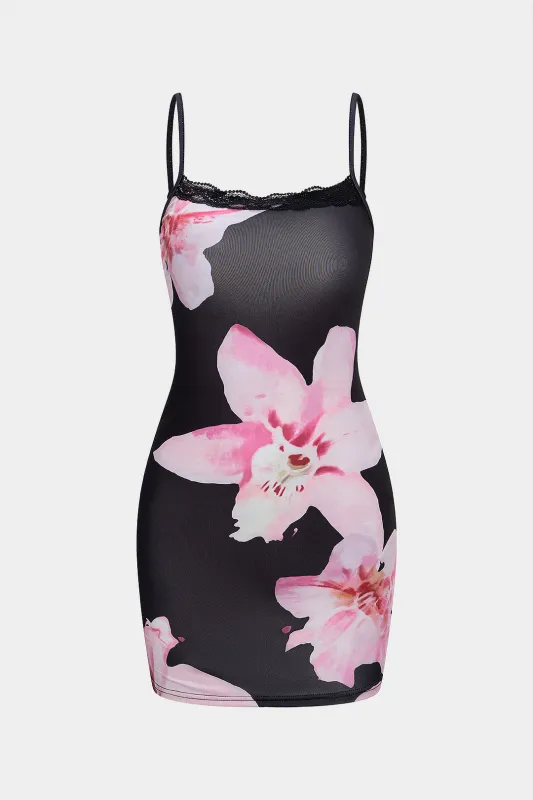 Floral Print Lace Trim Slip Sleeveless Mini Dress sold by Micas