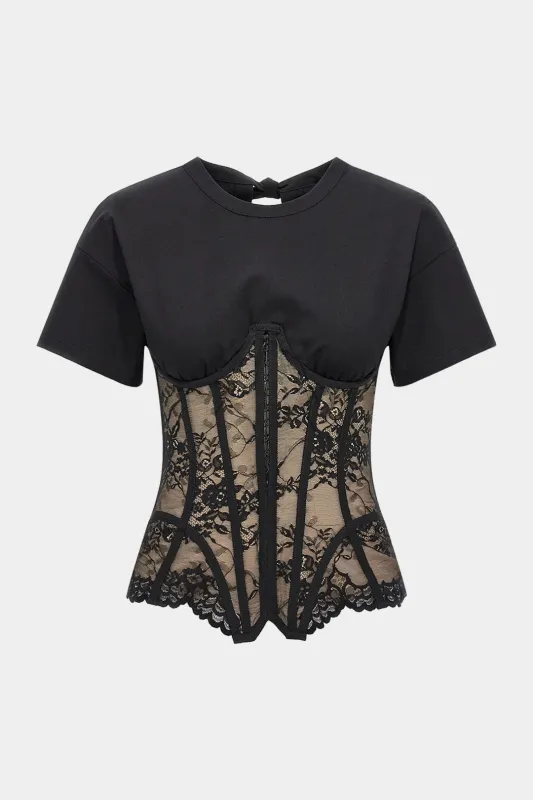 Lace Patchwork Hollow Out Tie-Back Short Sleeve T-Shirt sold by Micas