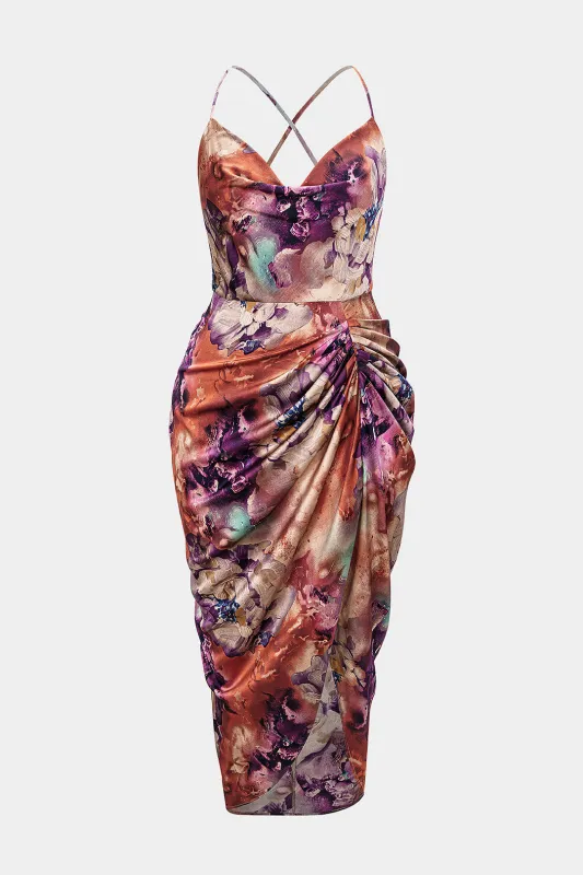 Plus Size Floral Print Satin Draped Cowl Neck Ruched Crossed Sleeveless Midi Dress sold by Micas