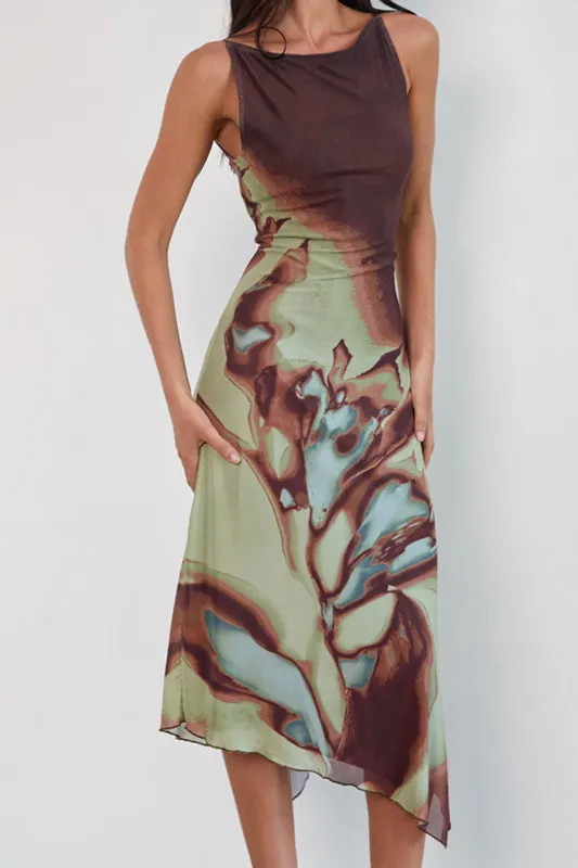 Contrast Abstract Print Mesh Round Neck Asymmetrical Hem Sleeveless Maxi Dress sold by Micas