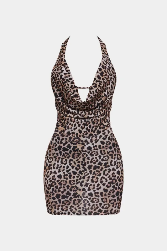 Leopard Print Draped Cowl Halter Neck Backless Sleeveless Mini Dress sold by Micas