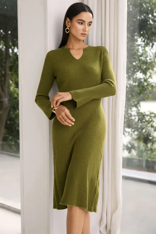 Knit Solid V-Neck Bell Long Sleeve Dress sold by Micas