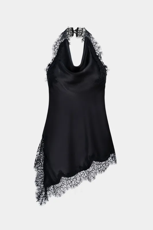 Satin Patchwork Lace Trim Halter Neck Draped Cowl Neck Top sold by Micas