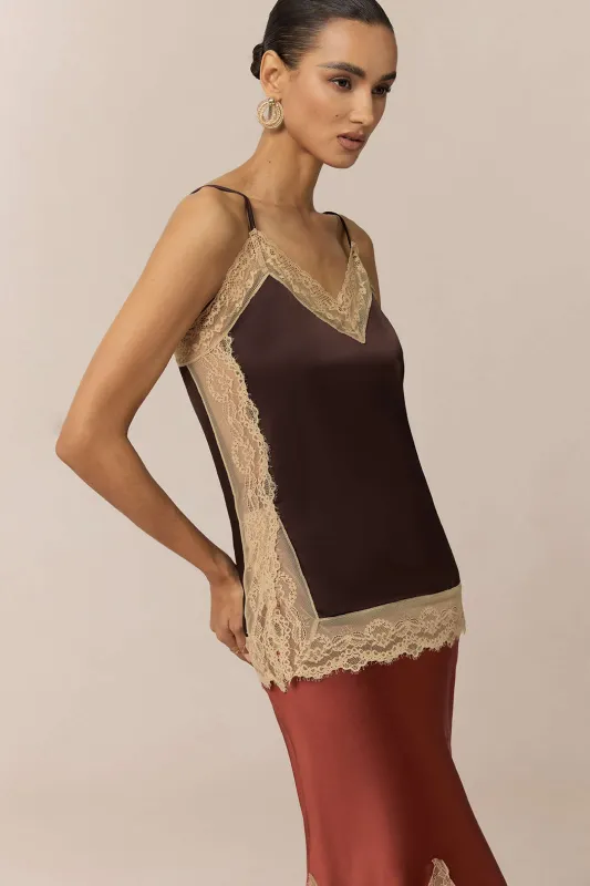 Satin Patchwork Lace Trim Cami Top sold by Micas