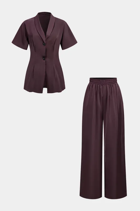 Satin V-Neck Short-Sleeve Top And High-Waist Wide-Leg Pants Set sold by Micas