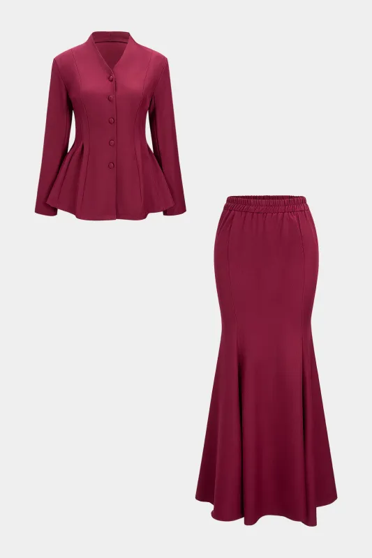 V-Neck Long-Sleeve Top And Shirred Waistband Mermaid Skirt Set sold by Micas