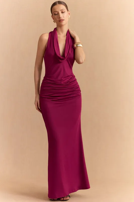 Halter Draped Cowl Neck Backless Sleeveless Maxi Dress sold by Micas