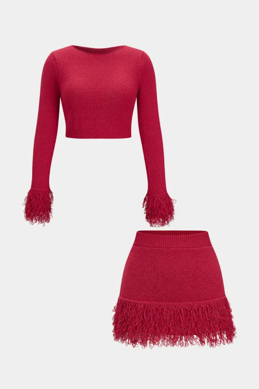 Knit Fringe Long Sleeve Top And Mini Bodycon Skirt Set sold by Micas