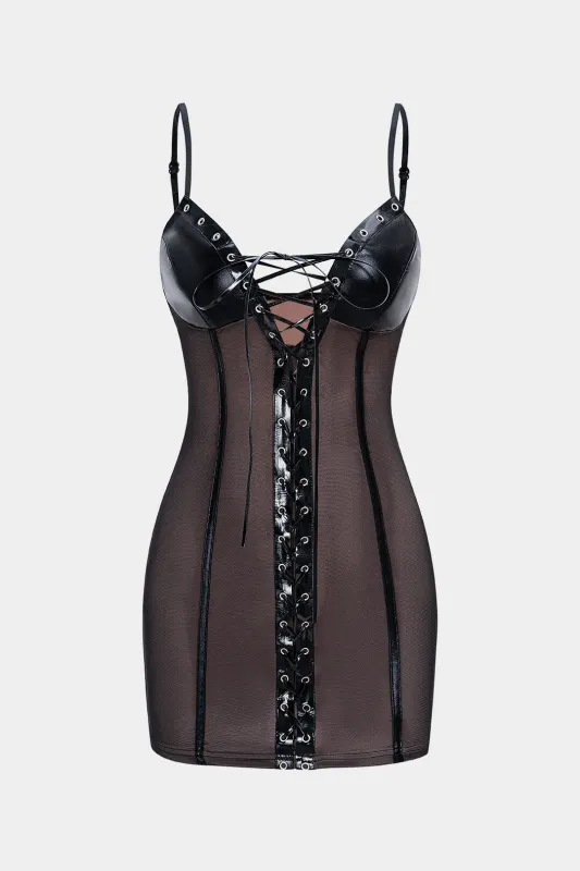 Faux Leather Tie-Up V-Neck Slip Sleeveless Mini Dress made by Micas