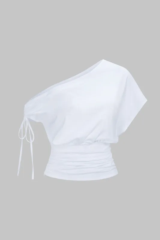 Tie-Up Asymmetrical One Shoulder Ruched Short Sleeve T-Shirt sold by Micas