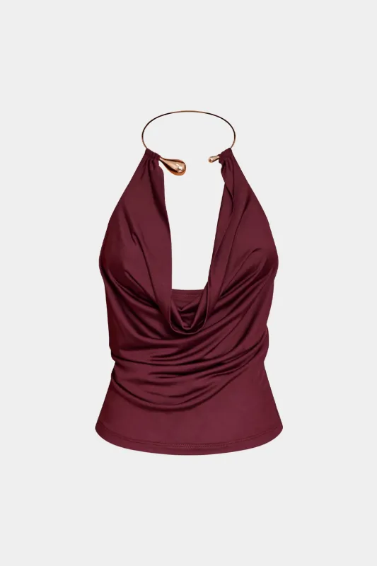 Metallic Halter Draped Cowl Neck Cami Top sold by Micas