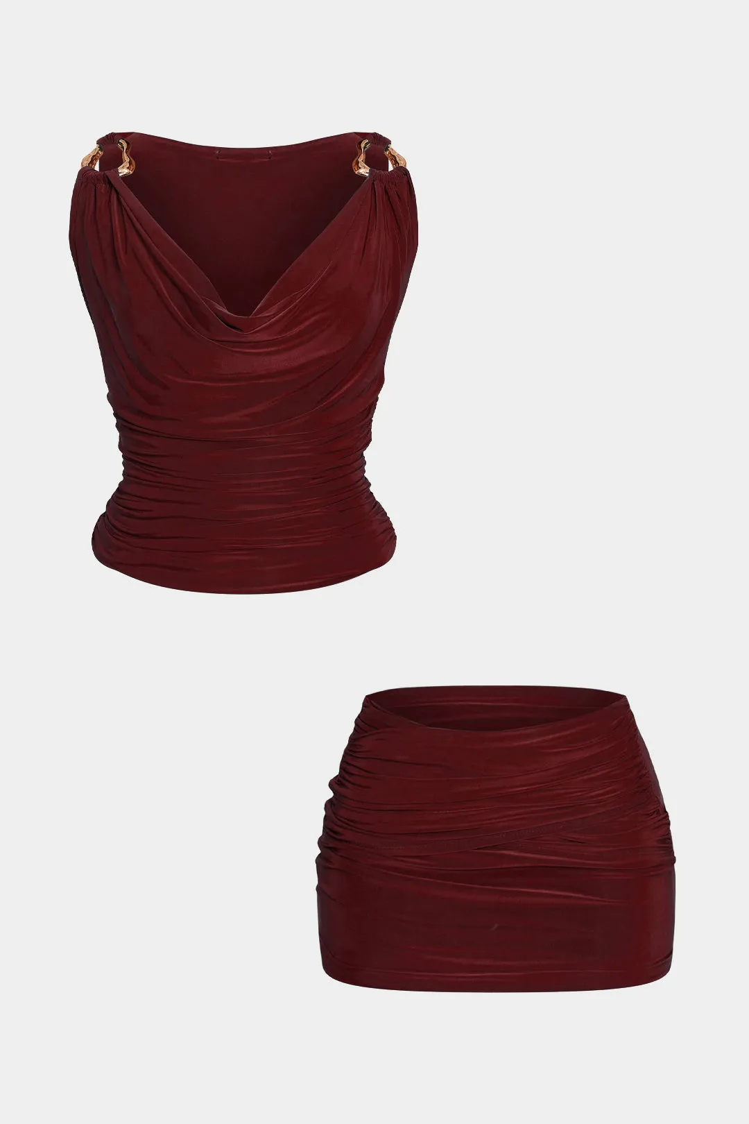 Draped Cowl Neck Ruched Sleeveless Top And Mini Skirt Set sold by Micas