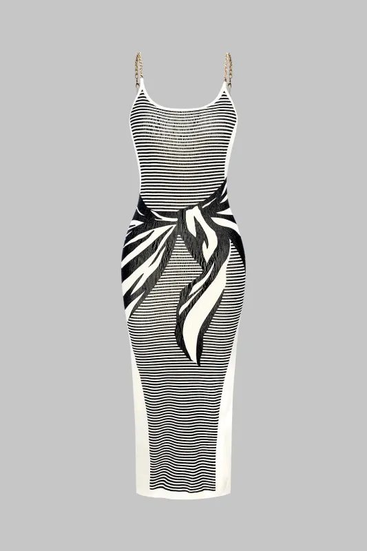 Knit Geometric Stripes Print Metallic Chain Sleeveless Dress sold by Micas