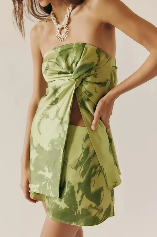Tie Dye Print Asymmetrical Twist Knot Strapless Tube Top And Mini Skirt Set sold by Micas