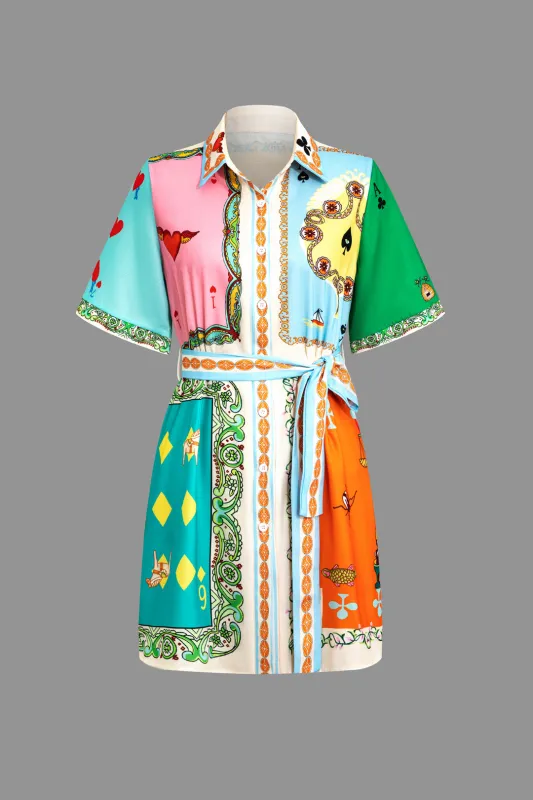Graphic Playing Card Print Short Sleeve Mini Dress With Belt sold by Micas