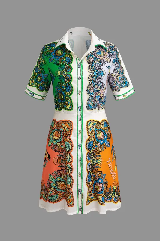 Art Print Button Short Sleeve Mini Dress sold by Micas