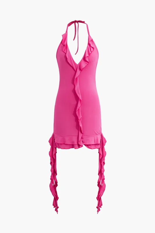 Halter Neck Backless Tie Up Asymmetrical Ruffle Sleeveless Mini Dress sold by Micas