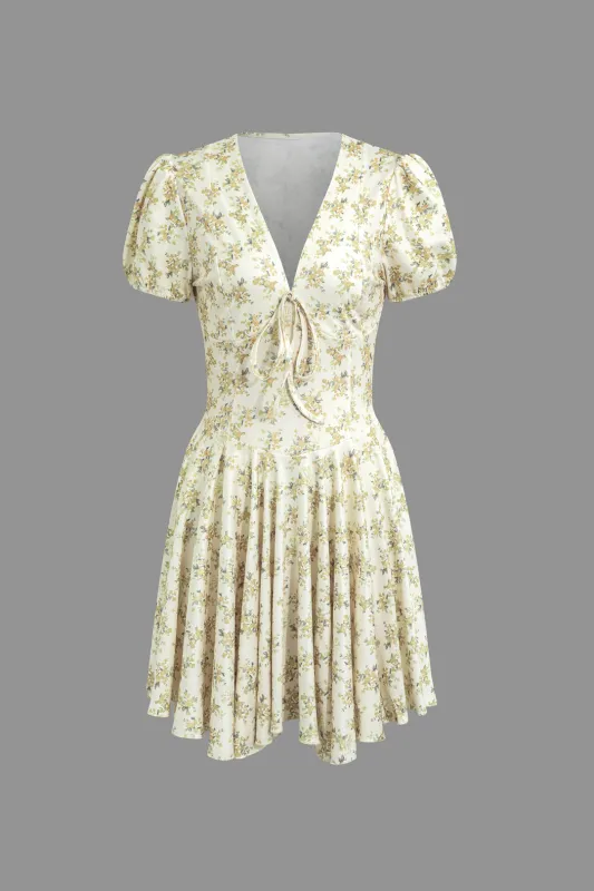 Ditsy Floral Print V-Neck Ruched Short Sleeve Mini Dress sold by Micas