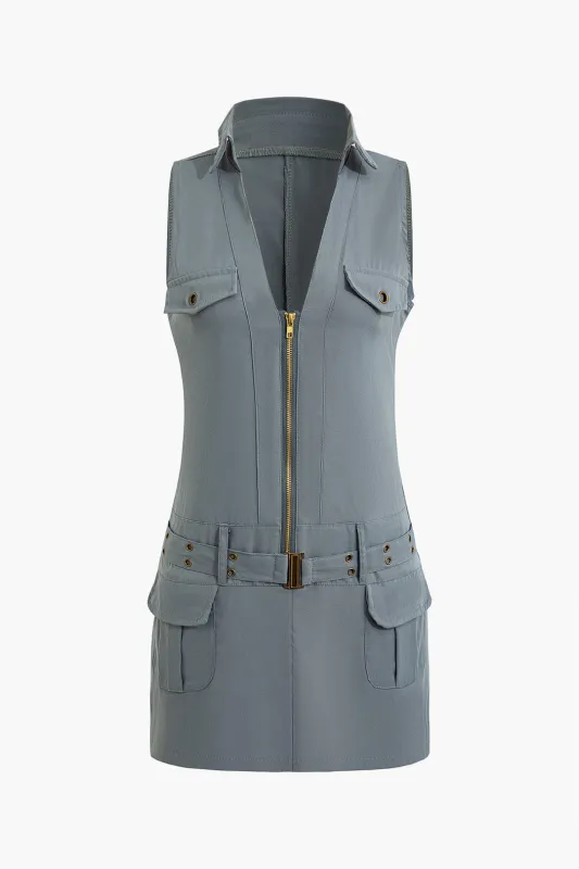 V-Neck Zipper Pocket Belted Sleeveless Mini Dress sold by Micas