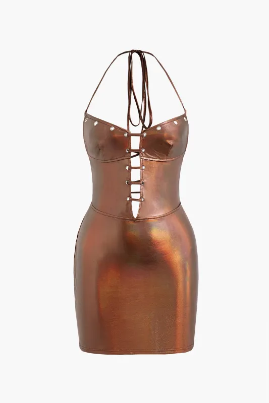 Halter Neck Cut Out Backless Tie-Up Sleeveless Mini Dress sold by Micas