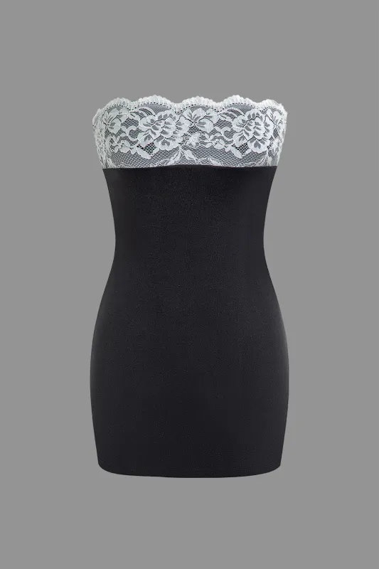 Lace Trim Contrast Zipper Sleeveless Mini Dress sold by Micas