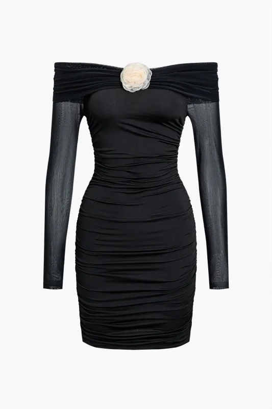 3D Flower Decor Off Shoulder Ruched Backless Long Sleeve Mini Dress sold by Micas