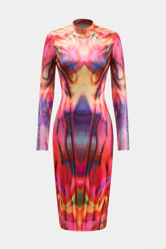 Colorblock Print Mock Neck Long-Sleeve Midi Dress sold by Micas