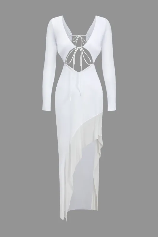 Tie Up Asymmetrical Ruffle Cut Out Long Sleeve Maxi Dress sold by Micas