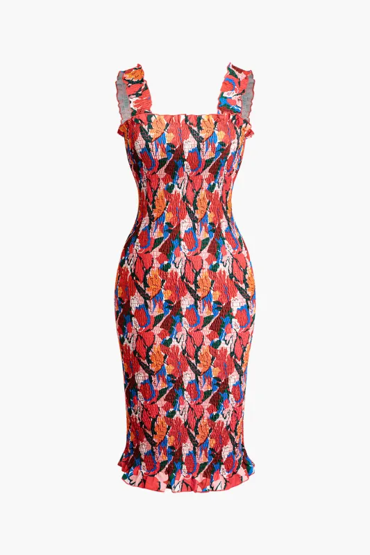 Floral Print Ruched Ruffle Hem Sleeveless Midi Dress sold by Micas