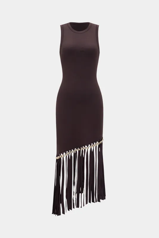Round Neck Metallic Trim Fringe Sleeveless Maxi Dress made by Micas